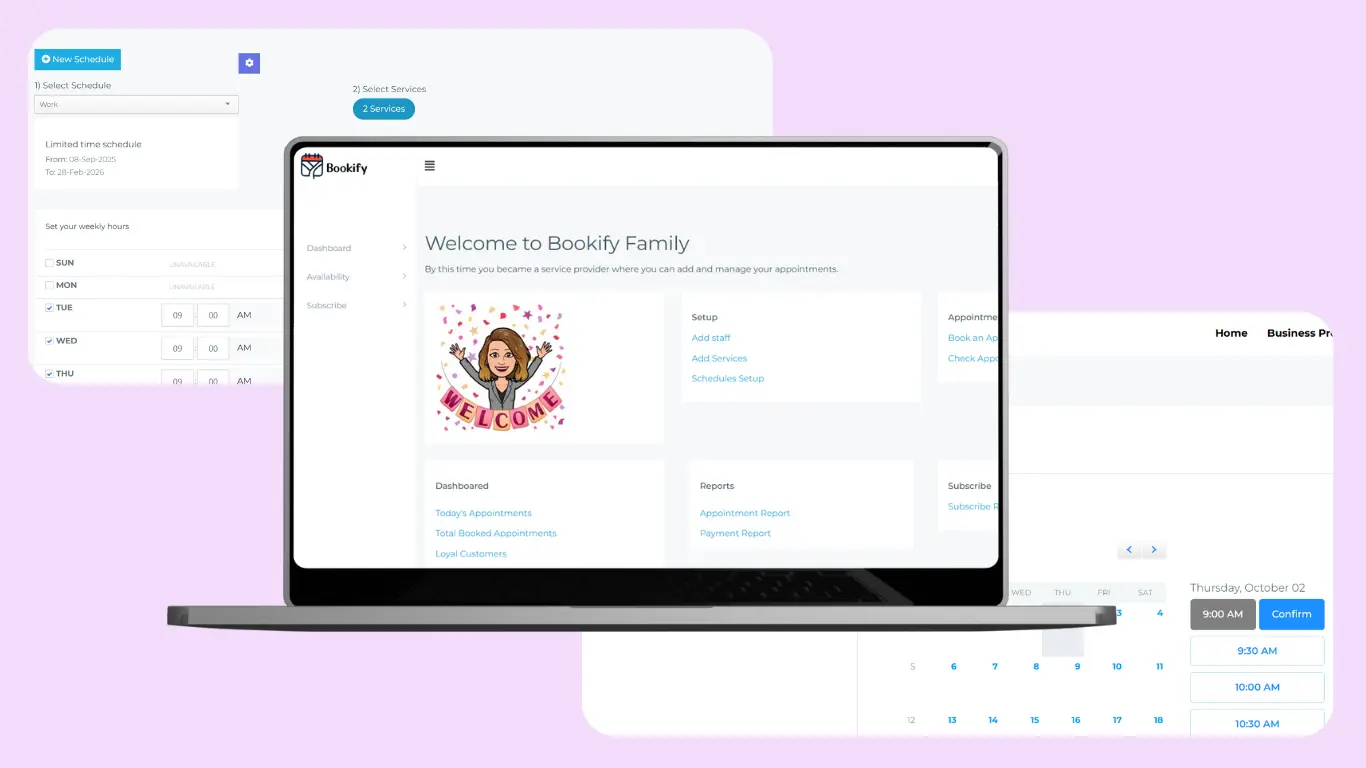 Bookify dashboard with analytics, schedule setup, and calendar views